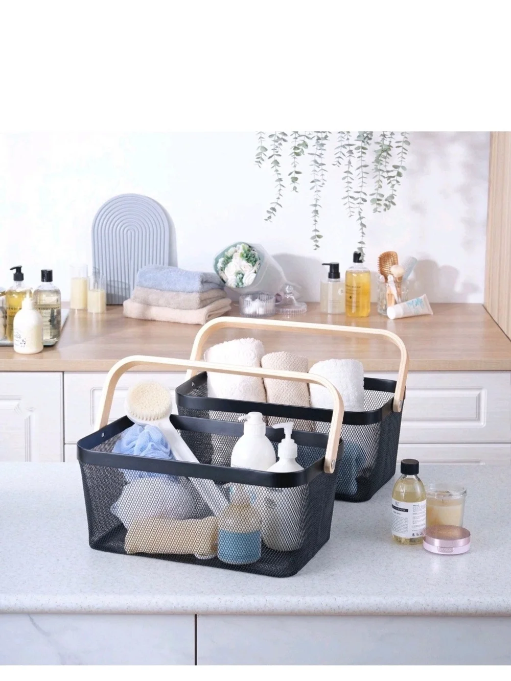 Edifice Black Mesh Wire Storage Baskets Wooden Handle 2 Pack
